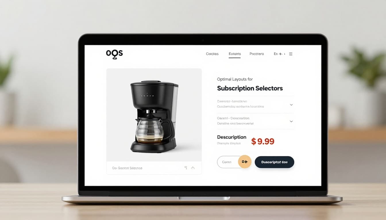 Clean laptop screen at a slight angle showing an e-commerce product page with two prominent side-by-side purchase buttons: one-time purchase and discounted subscription option with save badge, featuring a neutral coffee maker product in modern UI on a bright office desk.
