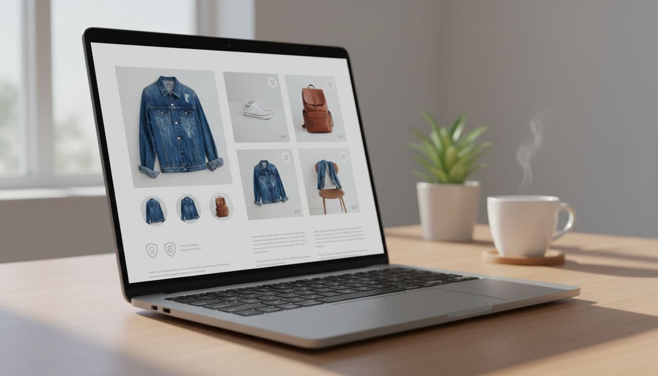 Angled laptop on office desk shows product page with multiple apparel images, alt text indicators, and subtle schema badges; coffee mug nearby.