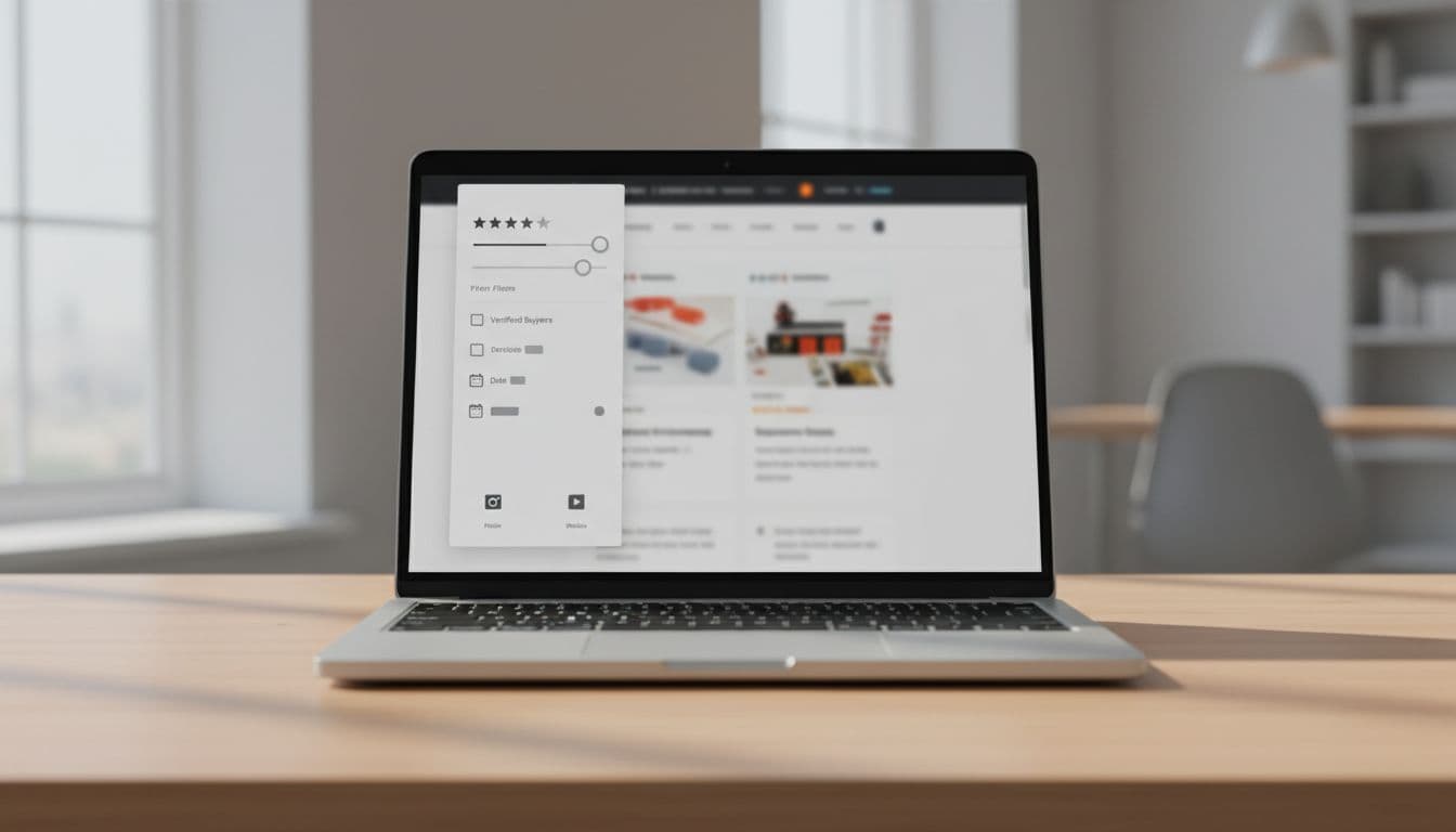 Open laptop on wooden desk displays ecommerce page with left sidebar of review filters including star sliders and verified checkboxes.
