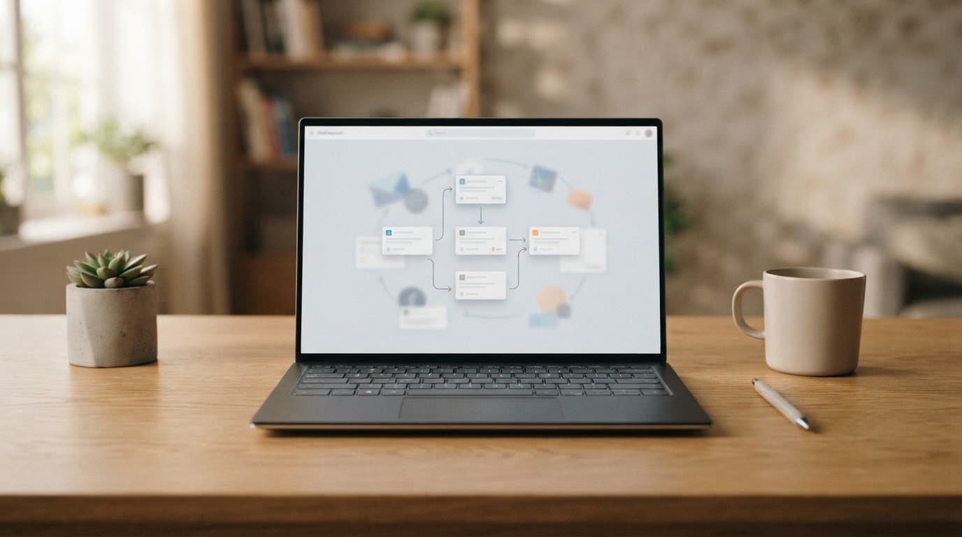 Laptop showing an email sequence diagram on a wooden desk.