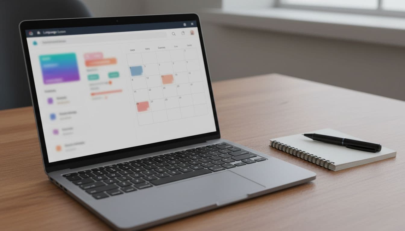 BaseLang Review 2026: Is Unlimited Spanish Worth It? 3 Laptop on wooden desk shows blurred language app dashboard and lesson calendar, notebook and pen nearby.