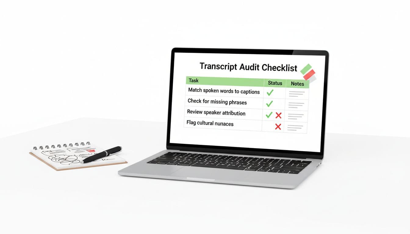 Transcript Match Test for Language Apps (how to spot wrong captions, missing words, and auto-caption mistakes) 3 Clean, modern flat vector illustration of a laptop screen displaying a simple table checklist for auditing language app transcripts, surrounded by notes and a pen in a professional workspace.