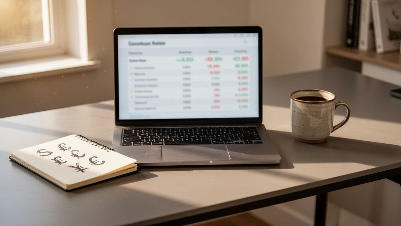 Photorealistic open laptop on modern desk with blurred pricing comparison table for language apps on screen, notepad with currency symbols, coffee mug, and window light.