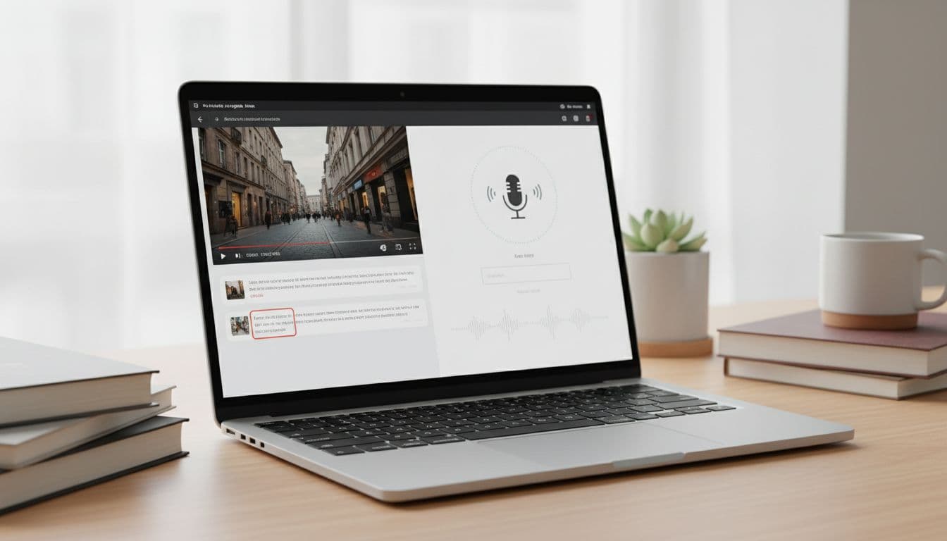 Yabla Review 2026: Strong Video Input, Limited Output 3 Laptop on clean desk with books displays side-by-side language app interfaces: video player with subtitles and speech recognition mic.