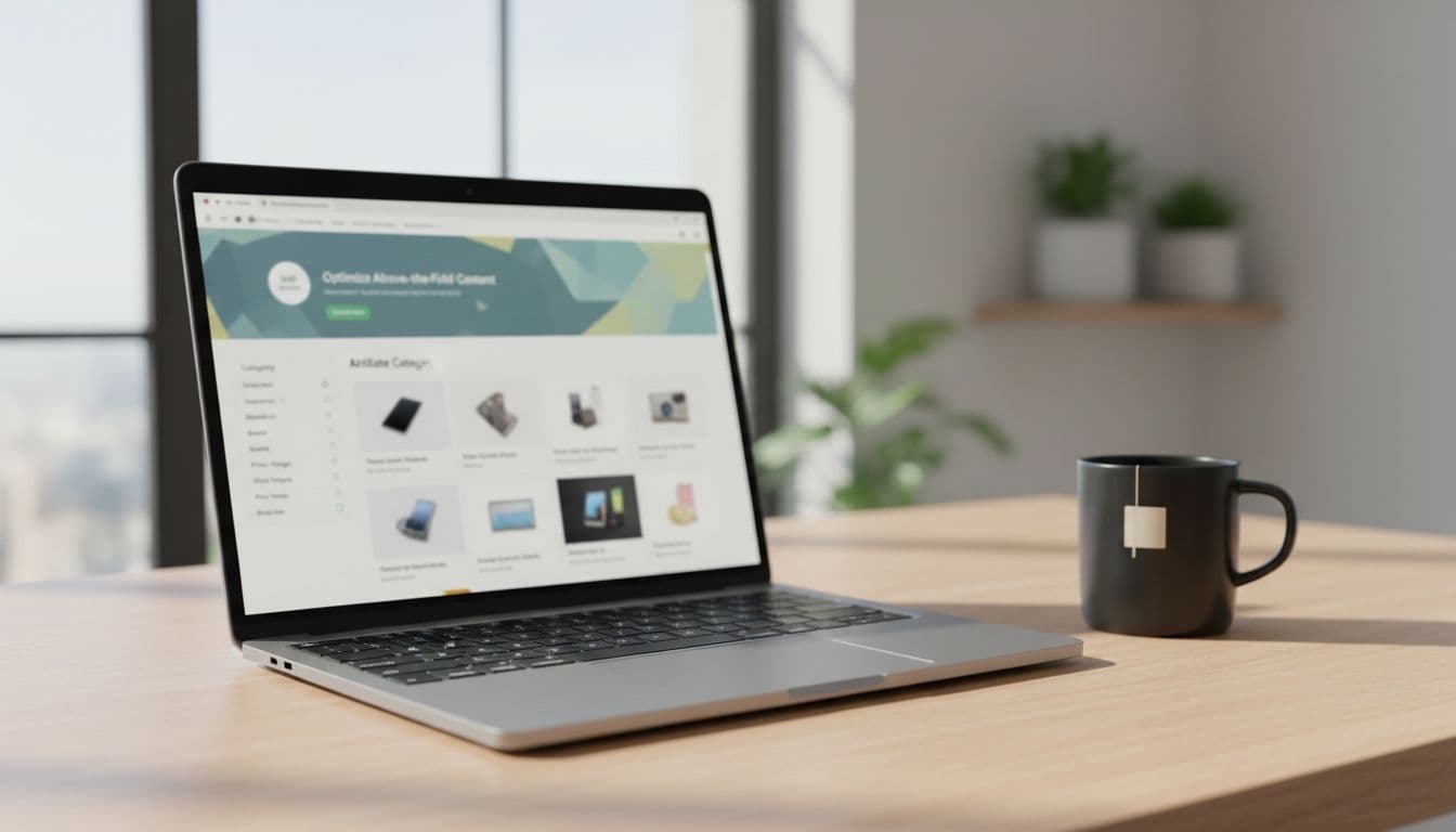 Clean laptop on wooden desk displaying affiliate category page with product grid, filters sidebar, and hero banner above the fold. Modern minimalist style with natural daylight, coffee mug nearby, screen details blurred.