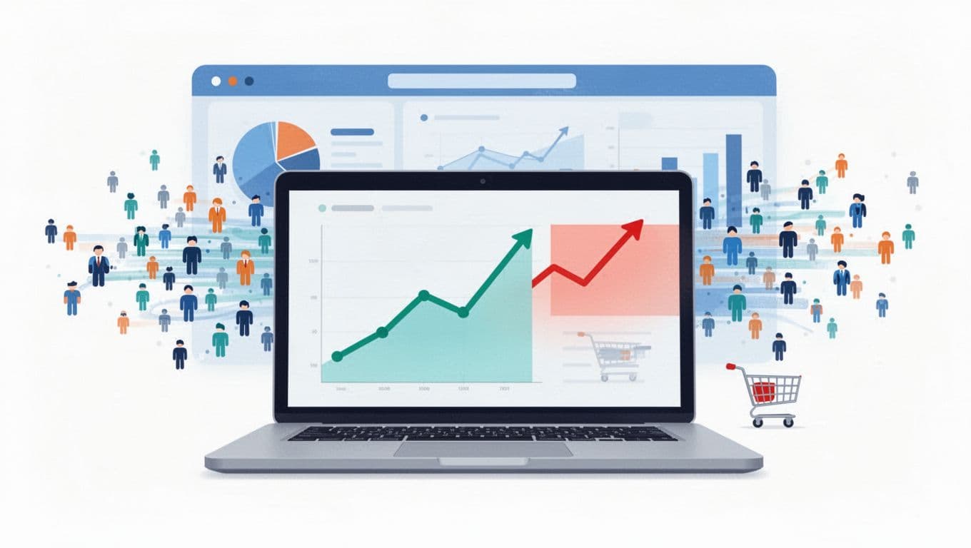 A clean modern 2D vector flat design illustration of a laptop screen showing a rising green traffic graph contrasted with a flat red sales line on an analytics dashboard, featuring visitor icons and an empty shopping cart.