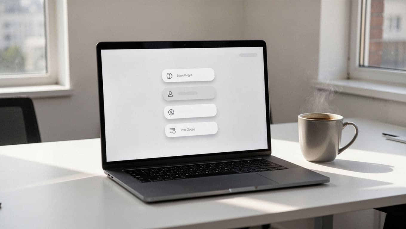 A clean laptop screen shows a blog post table of contents with jump link buttons to sections like Pros and Cons, Pricing, FAQs, and Verdict, on a bright office desk with coffee mug in modern flat design.