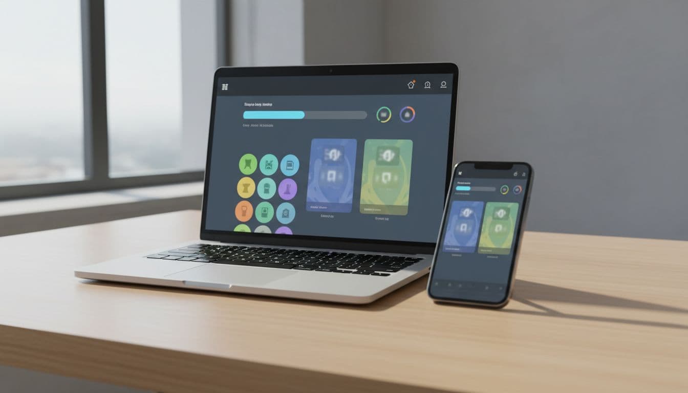 A 10-Minute Web And Mobile Parity Check For Language Apps 2 Laptop and smartphone side by side on a clean desk, displaying matching abstract language learning app interfaces with progress bars, blurred streak counters, lesson icons, and vocabulary cards. Natural daylight illuminates the modern minimalist setup with no readable text, people, hands, watermarks, or logos.