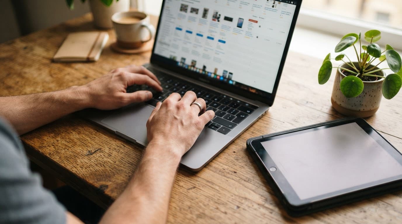 Hands type on a laptop beside a tablet and small plant.