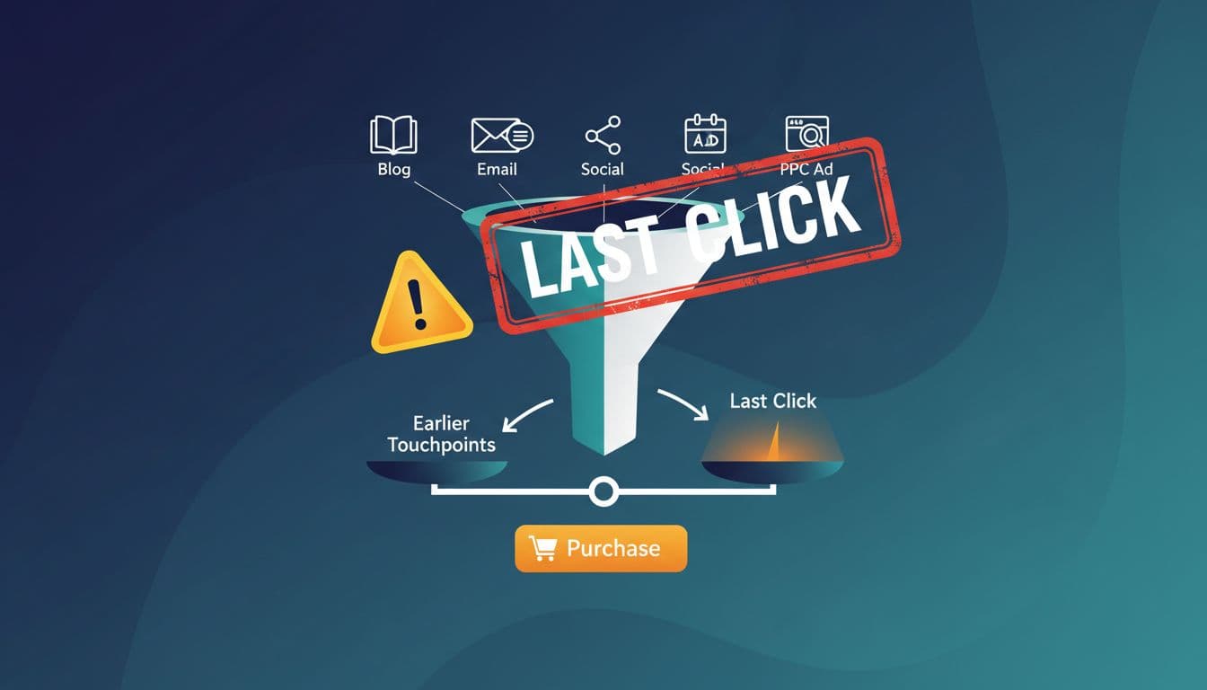 A clean vector illustration of a sales funnel diagram showing multiple touchpoints leading to purchase, overlaid with a red 'Last Click' stamp biasing attribution unfairly toward the final touchpoint.