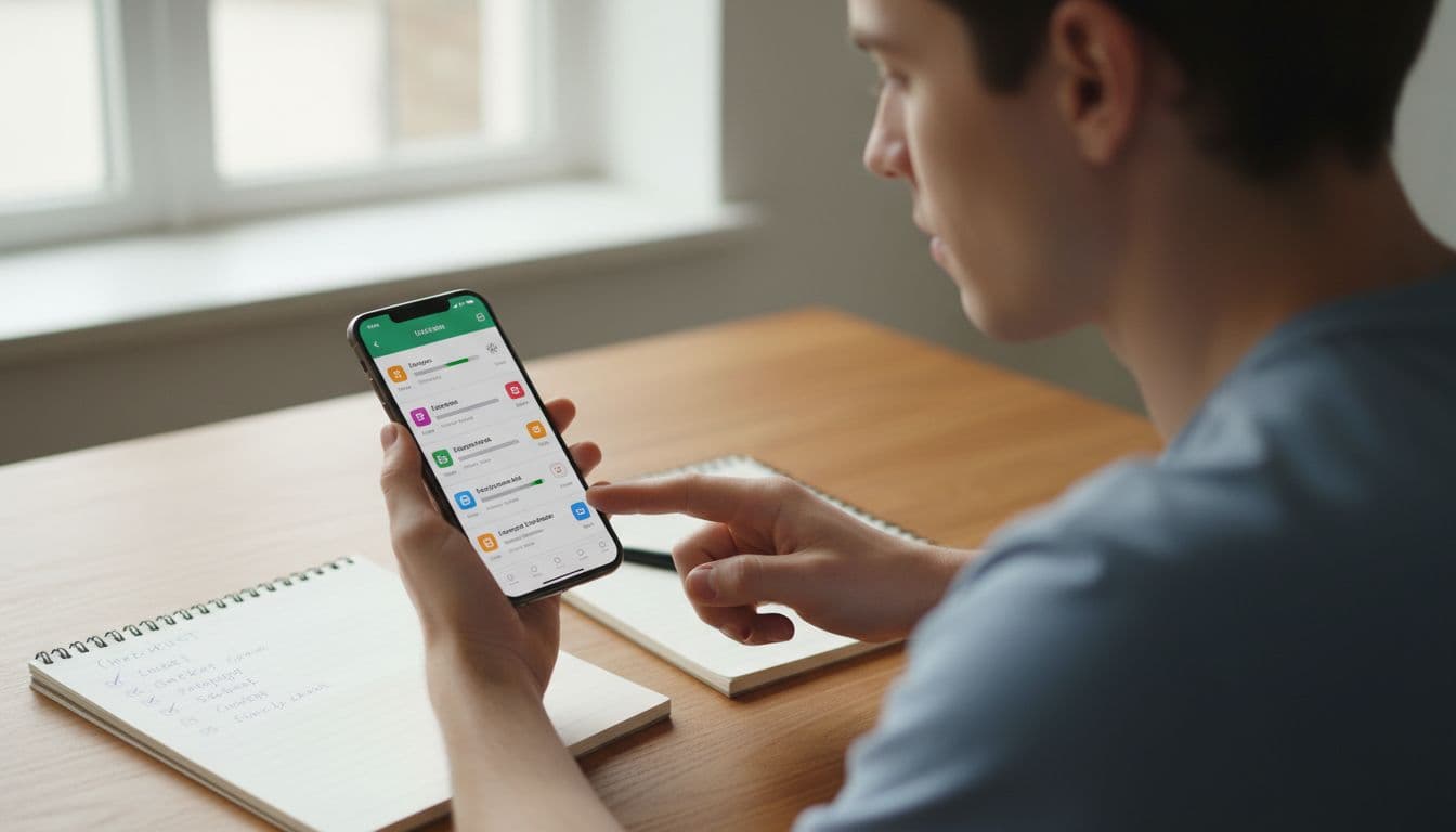 Language App Redundancy: The 15-Minute Lesson Check 2 Focused young adult learner at a wooden desk in a bright home office, holding a smartphone with a language learning app open, notebook with handwritten checklist beside, pointing thoughtfully at the phone screen, relaxed pose, natural daylight.