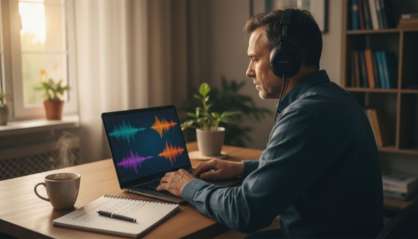 A focused middle-aged person wearing headphones at a home study desk uses a laptop to test audio lessons from a language app, with diverse accent waveforms visualized on the screen, notebook and tea nearby in soft evening light.