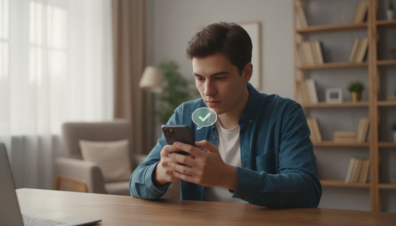 Young adult in cozy home office holds smartphone to mouth while speaking, subtle speech bubble with checkmark nearby.