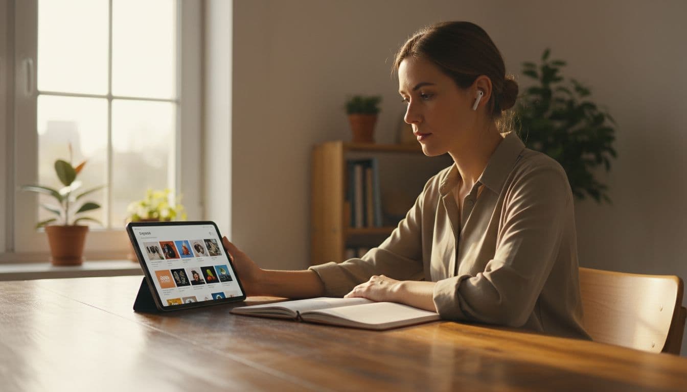 Focused learner sits at wooden desk in home office, using tablet with hand on table, lit by window light.