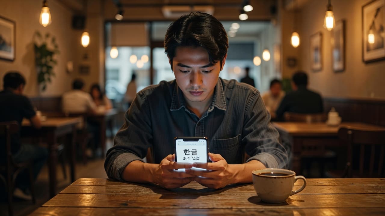 A focused individual sits at a polished wooden table inside a cozy cafe, clutching a mobile device to study. A steaming coffee mug rests beside their hand in the warm light.