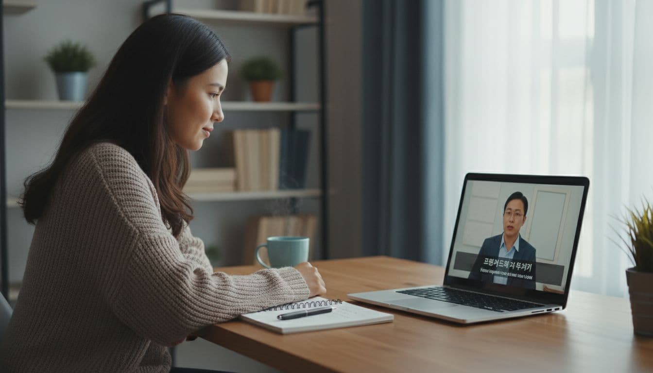 Yabla Review 2026: Strong Video Input, Limited Output 2 Learner in home office watches foreign language video on laptop with visible subtitles and nearby notebook notes.
