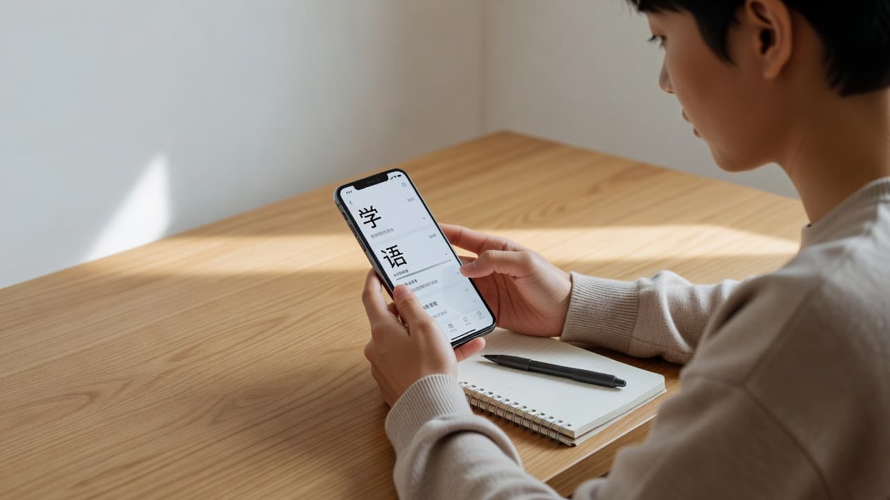 A person holds a smartphone displaying language characters while sitting at a minimalist wooden desk. A fountain pen and a closed paper notebook rest neatly on the smooth surface beside them.