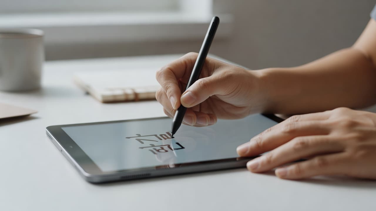 Focused hands hold a stylus over a tablet screen displaying intricate Korean brushwork strokes. A clean, minimalist desk provides a professional backdrop while soft morning sunlight highlights the textured screen surface.