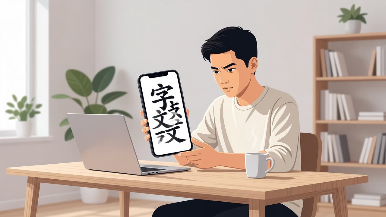 HelloChinese vs ChineseSkill in 2026 for Serious Beginners 2 A focused individual sits at a minimalist wooden desk, intently viewing abstract characters on a smartphone screen. Soft daylight fills the serene home office, creating a quiet atmosphere for language study.