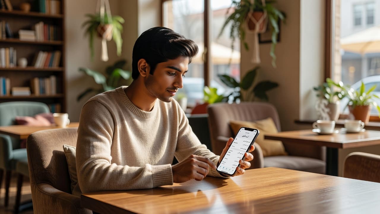 Best Urdu Learning Apps for Serious Learners in 2026 2 A focused individual holds a smartphone while sitting in a warm, softly lit cafe. The background features blurred coffee shop decor, emphasizing the ease of studying languages during a daily break.