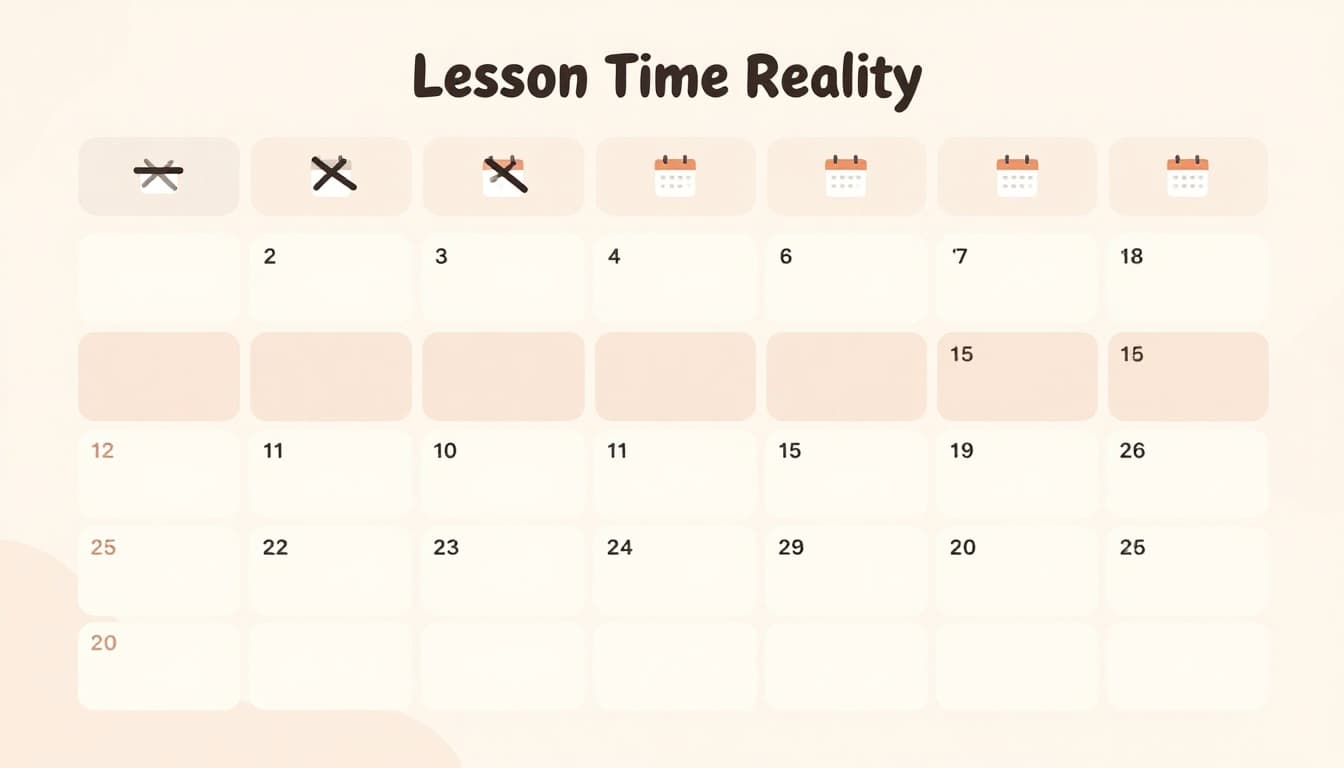 Infographic-style illustration of a daily planner page with 10-minute language study slots crossed out and extended to 15-20 minutes, featuring calendar icons for review days in clean flat design with soft pastel colors.