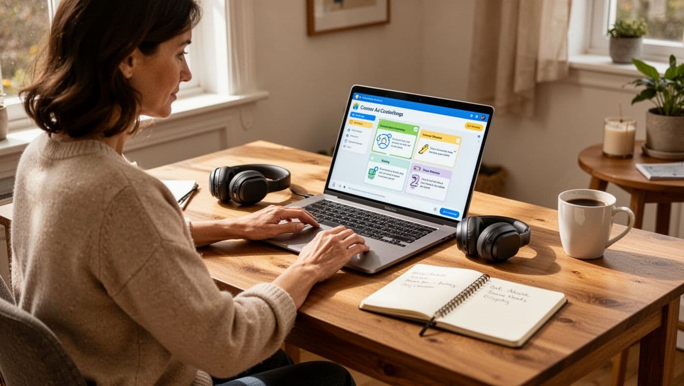 Exactly one adult learner seated at a wooden desk in a cozy home office with natural daylight, laptop open to a language lesson showing imported podcast transcript with unknown words tapped and turning blue, wireless headphones, open notebook, and coffee mug nearby.