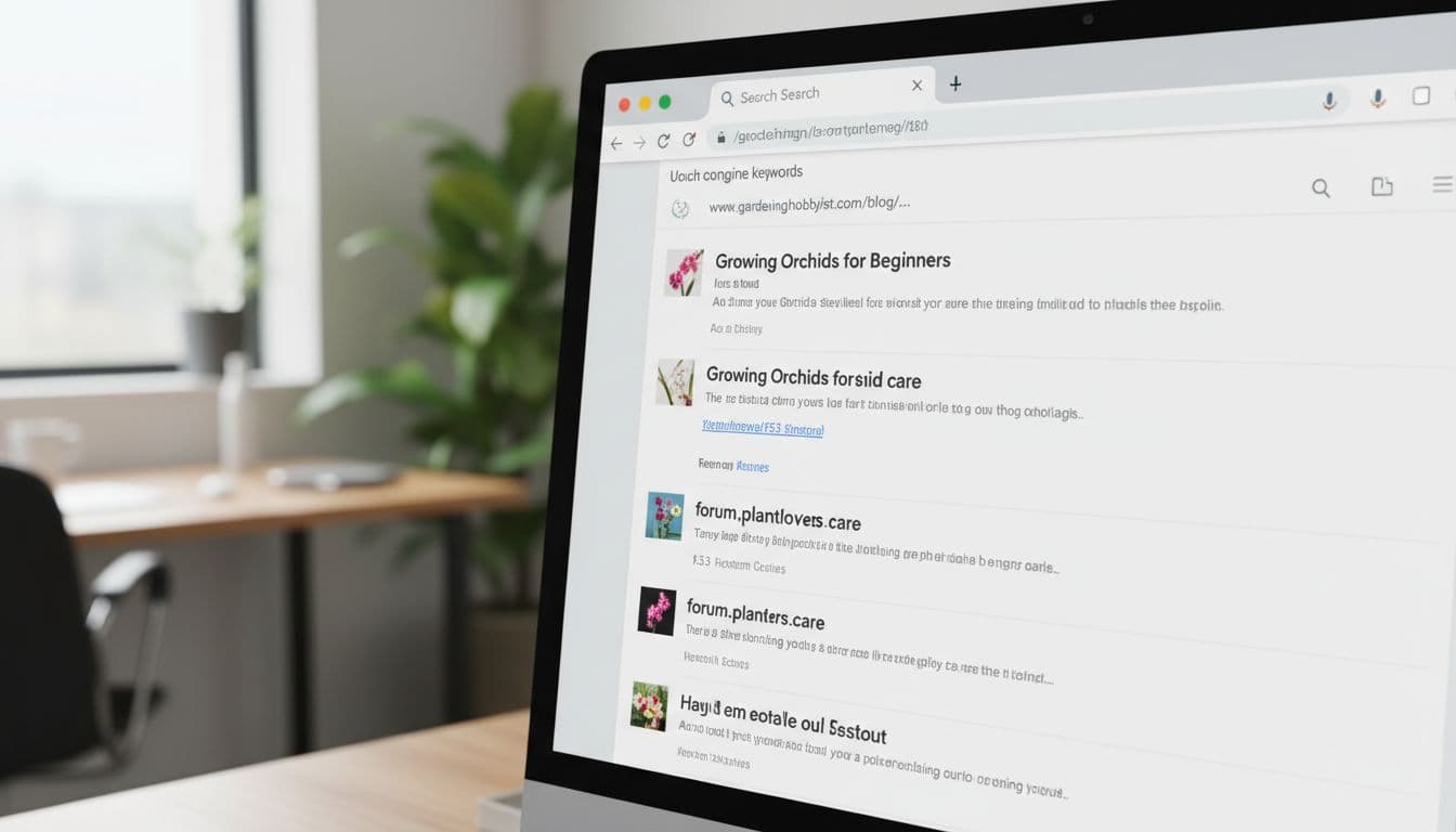 Close-up of computer screen showing Google SERP with top results from small blogs and forums.