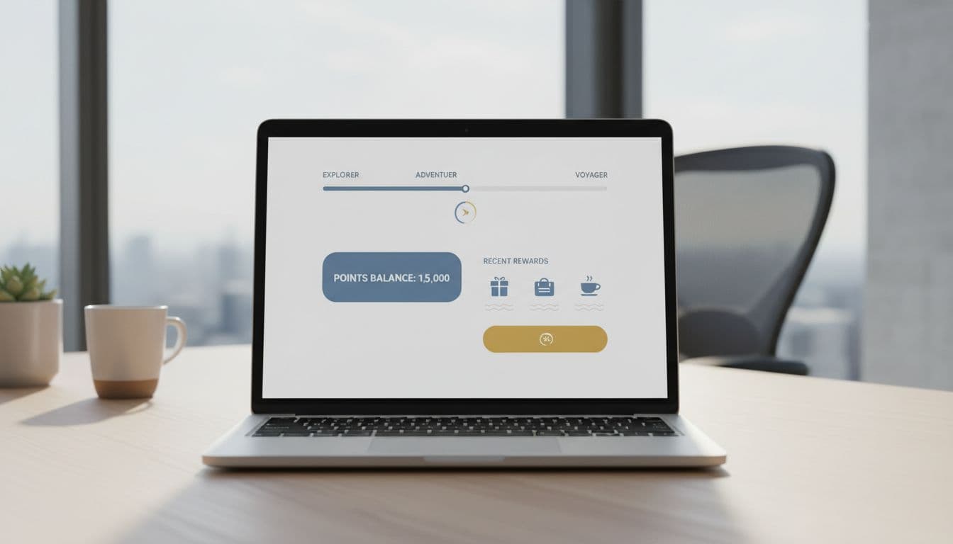 Desktop mockup of a professional ecommerce loyalty program dashboard on a laptop screen in an office setting, featuring tier progress bars, points balance, recent rewards, and redeem button in clean minimalist style.