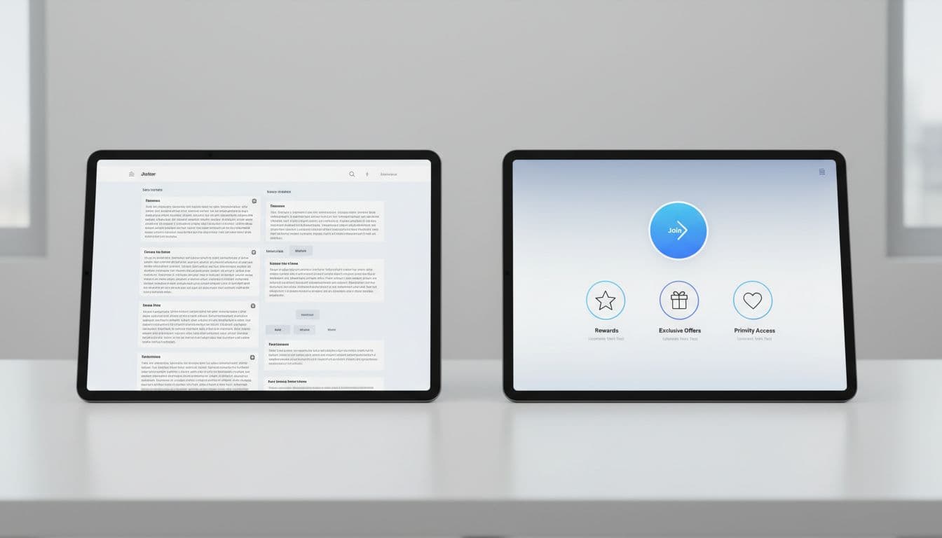 Split-screen view on a tablet comparing a cluttered before loyalty signup page with small CTAs to a simplified after page featuring a prominent join button and clear benefits. Modern flat design with soft lighting, high contrast, no text on screens.