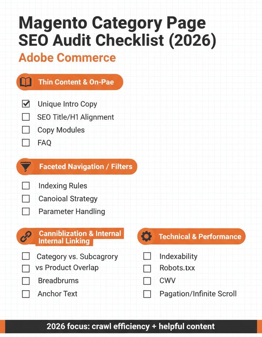Clean, modern infographic checklist for auditing Magento category page SEO, covering thin content, faceted navigation, cannibalization, internal linking, and technical performance with 2026 focus on crawl efficiency.