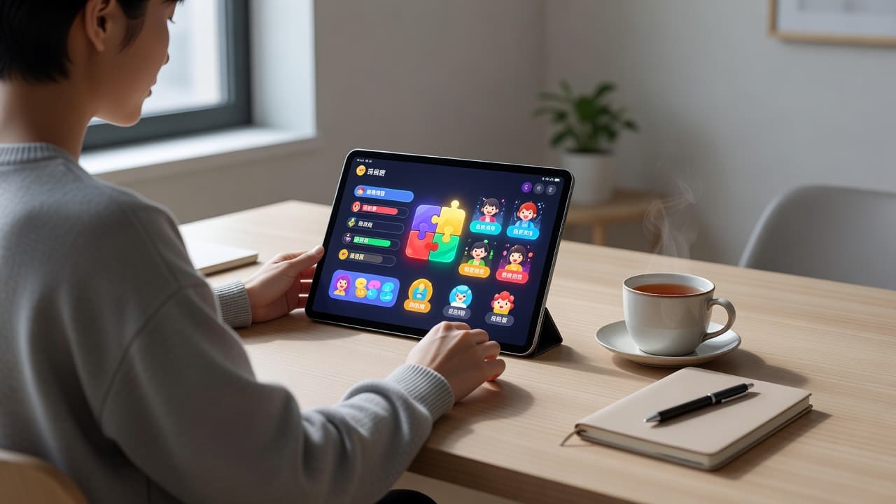 A tablet with language study software sits on a wooden desk next to tea and a notebook.