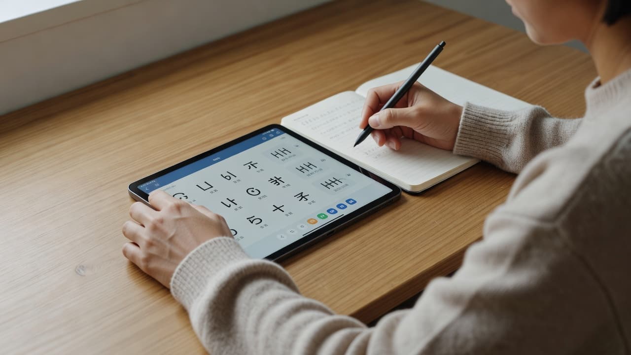 A person studying Mandarin pronunciation on a tablet and notebook at a wooden desk.