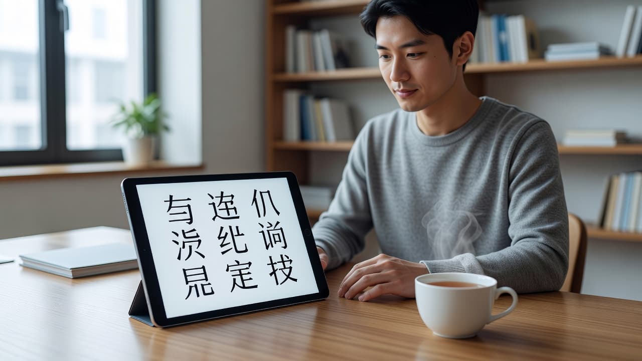 A tablet showing Chinese characters and a cup of tea on a wooden desk.