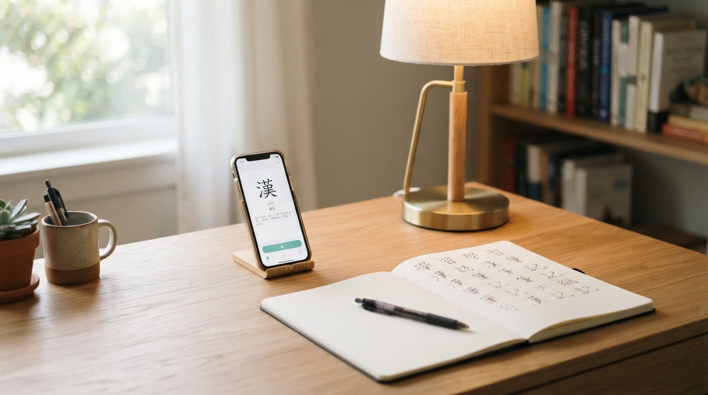 A wooden desk with a lamp, a notebook of Chinese characters, and a phone showing flashcards.