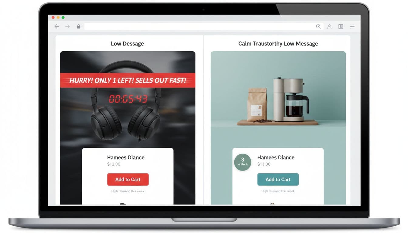 Side-by-side ecommerce product pages on a laptop screen: aggressive flashing red low stock alert on left versus calm trustworthy stock badge on right, in clean modern UI design.