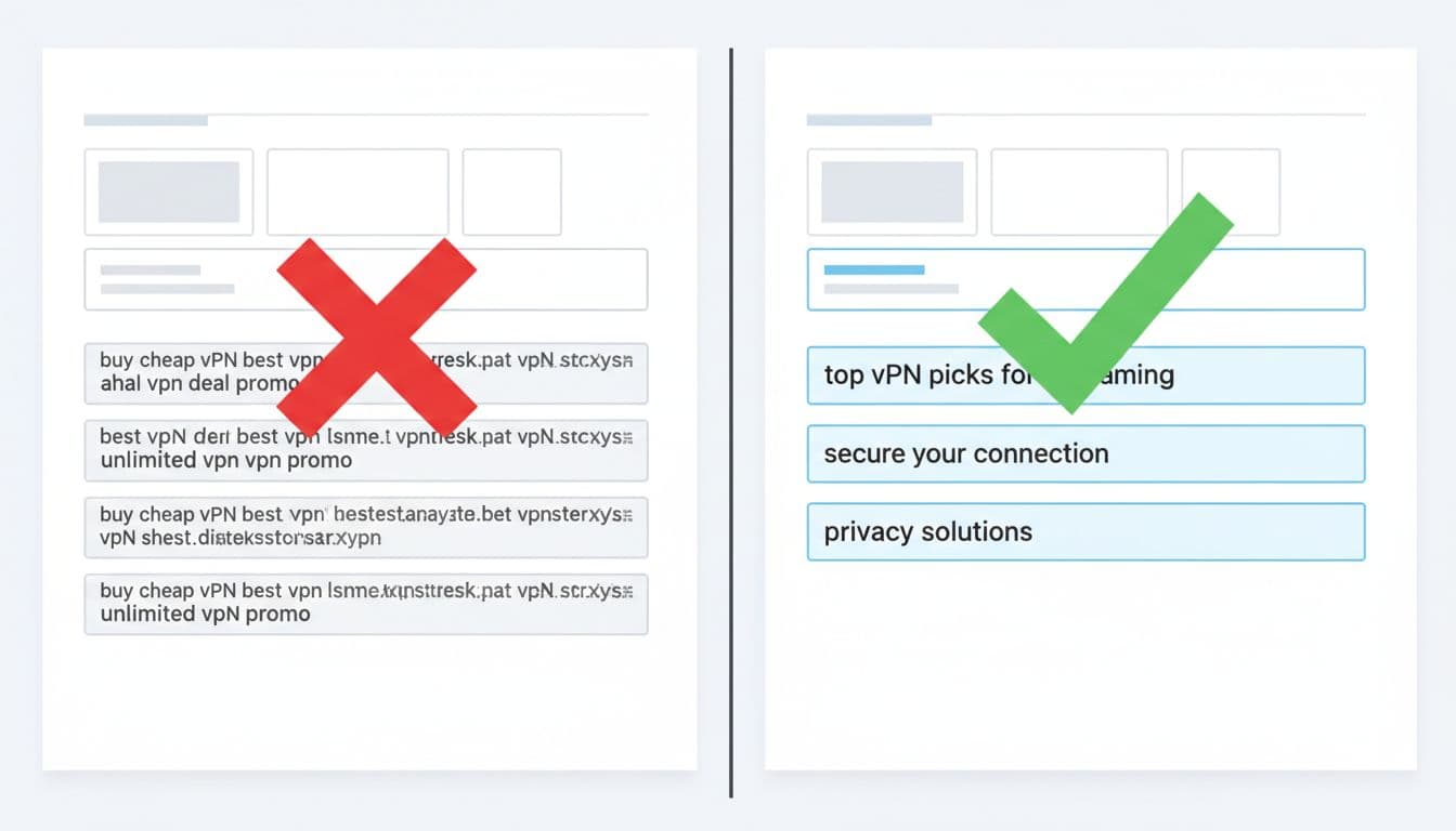 Split image comparison with red X over keyword-stuffed anchors like 'buy cheap vpn' on the left and green check over natural anchors like 'top vpn picks for streaming' on the right, on a website wireframe background.