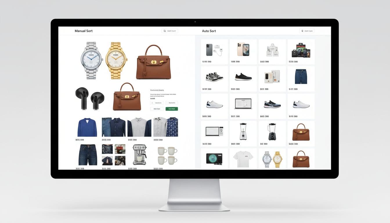 Split screen on a desktop monitor mockup: left shows manual curated product sorting, right shows automated price sorting. Clean web design, neutral background, bright studio lighting, realistic render with small labels 'Manual Sort' and 'Auto Sort'.