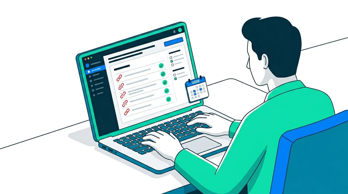 A single marketer sits relaxed at a laptop displaying a clean modern SaaS-style Affiliate Link Audit dashboard with checklist items marked by red broken chain-links or green checkmarks, and a small 2026 calendar icon.