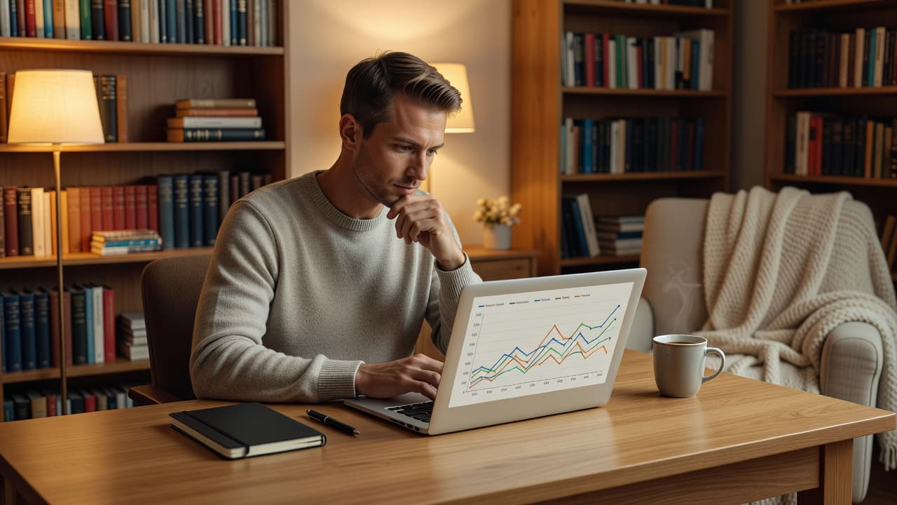 A focused professional sits at a clean wooden desk viewing colorful analytical charts on a laptop screen. Soft warm ambient light illuminates the organized home office setup during late afternoon.