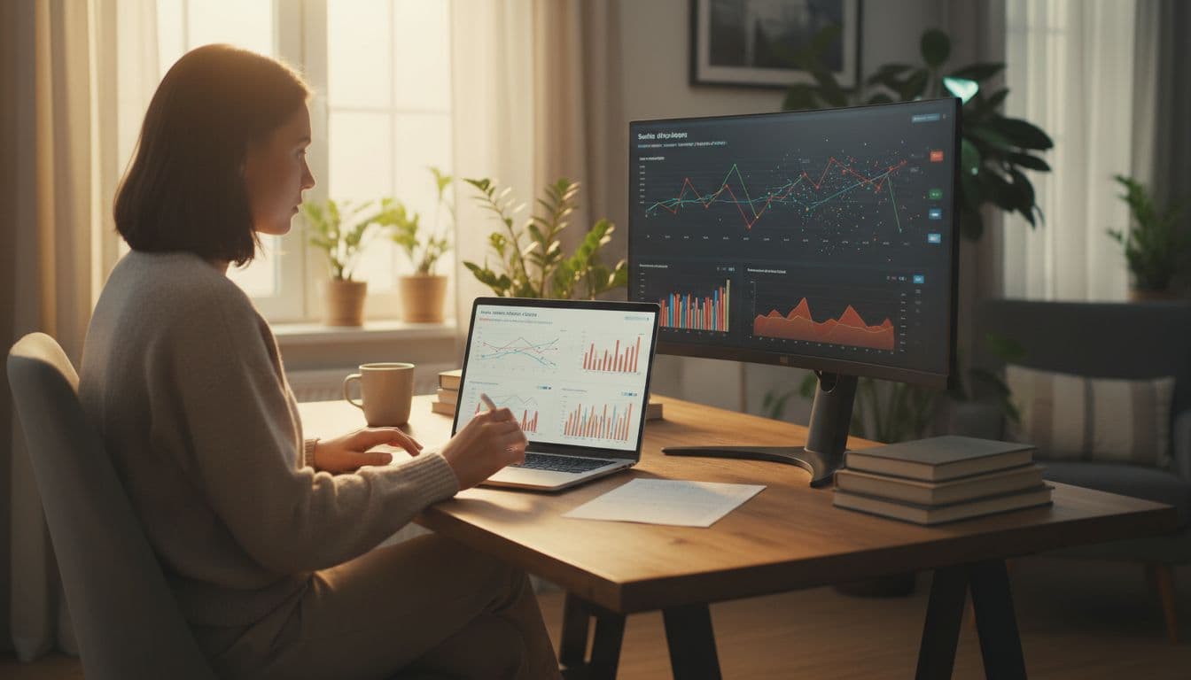 A person works at a desk using a laptop to review data trends on a screen.