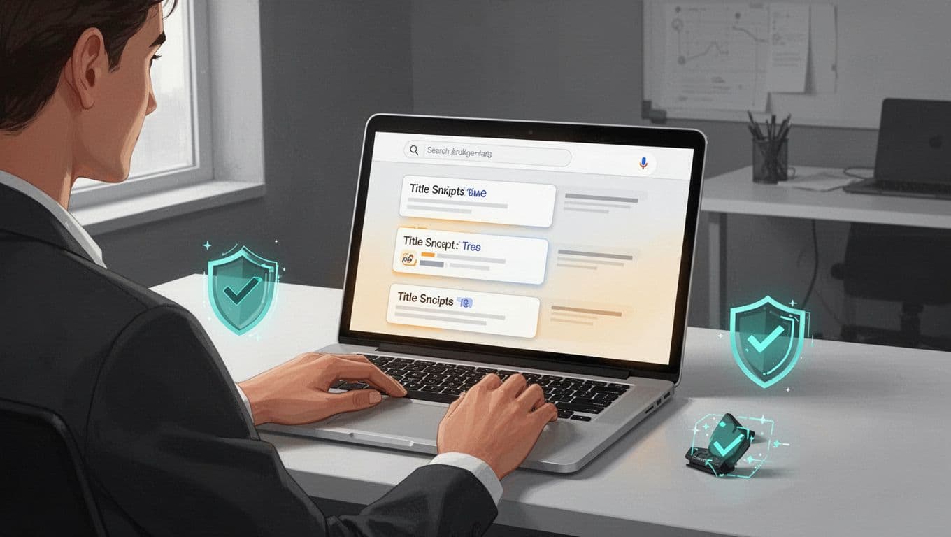 Modern flat-style illustration of a focused marketer at a desk analyzing simplified SERP results on a laptop screen, with trust icons like shields and checks, in a minimal office with soft lighting and teal accents.