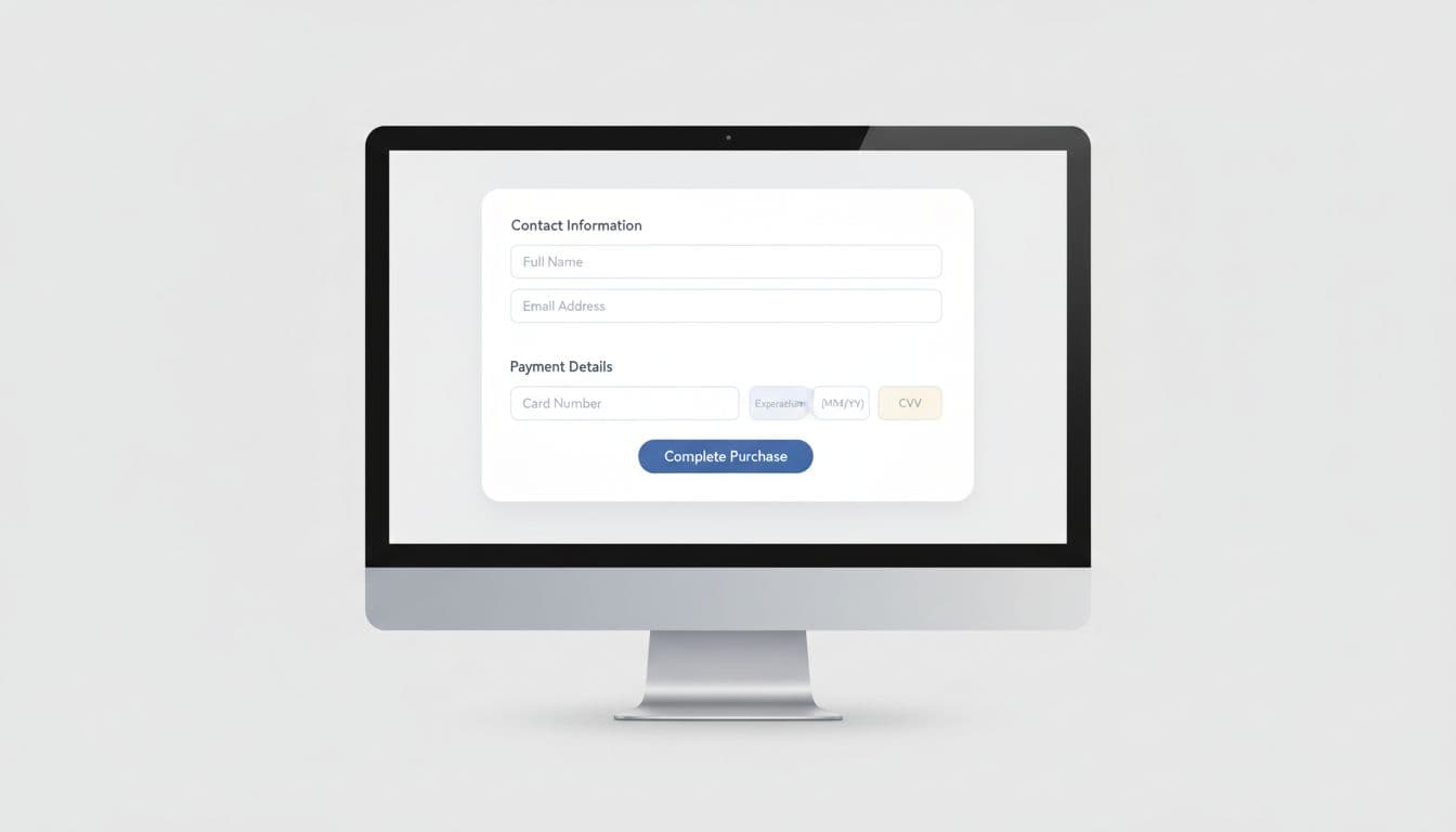 Illustration of a simplified guest checkout form on a desktop screen featuring minimal fields for name, email, address, and card details in a clean, modern ecommerce layout on a neutral background. Professional editorial-style UX mockup with subtle brand-neutral colors, polished SaaS blog aesthetic, even lighting, no text, watermarks, logos, or people.