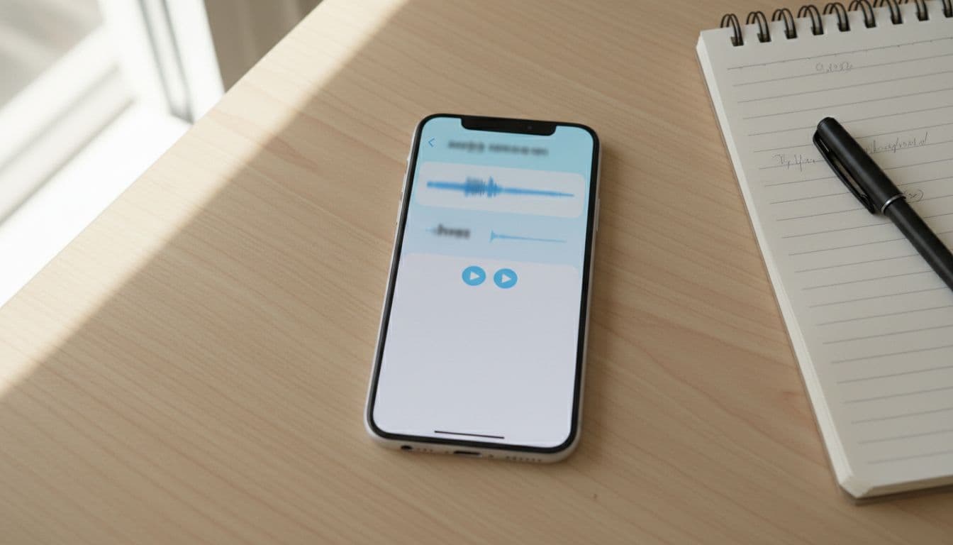Top-down composition of a smartphone screen displaying a pronunciation app with audio waveforms for minimal pairs, placed on a wooden desk next to a notebook and pen, clean realistic photo in bright daylight lighting.