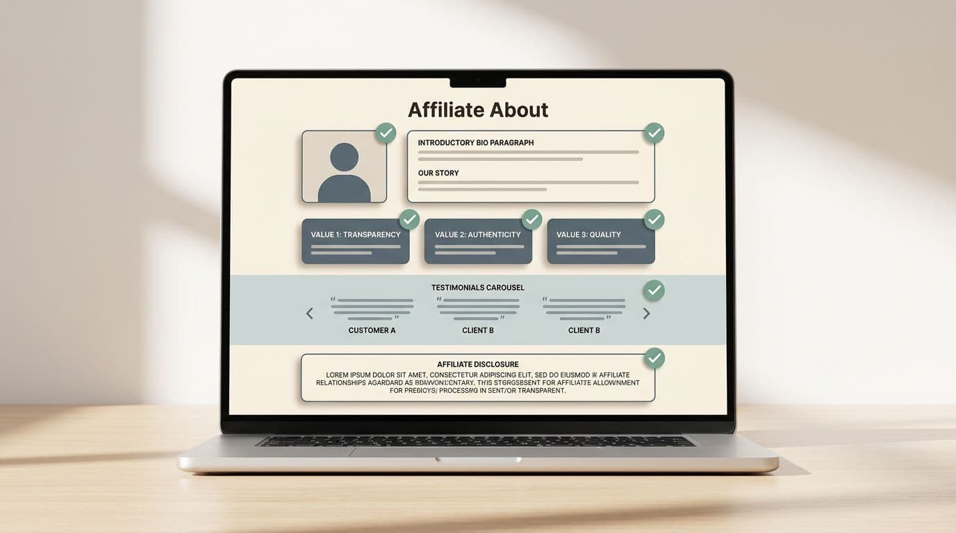 A laptop centered on a clean desk displays a minimalist wireframe of an affiliate About page, highlighting photo placeholder, bio, value bullets, disclosure box, and testimonials carousel with green checkmarks.