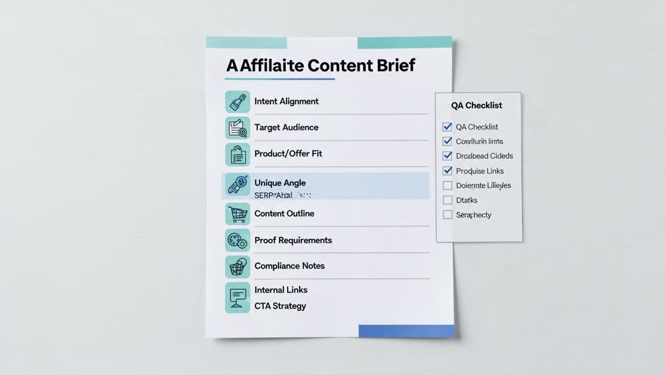 A clean, modern illustration of a one-page affiliate content brief template in flat design style, featuring sections like Intent Alignment, SERP Analysis, and CTA Strategy, with a checklist sidebar.