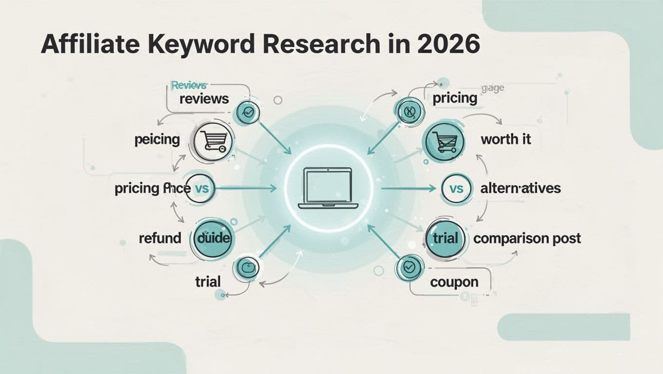 A modern, minimalist 16:9 landscape illustration in charcoal, teal, and off-white depicting a keyword map diagram for affiliate research in 2026. Central product icon surrounded by clusters for reviews, pricing, worth it, alternatives, vs, refund, trial, coupon, with arrows linking to page types like review pages and pricing guides.