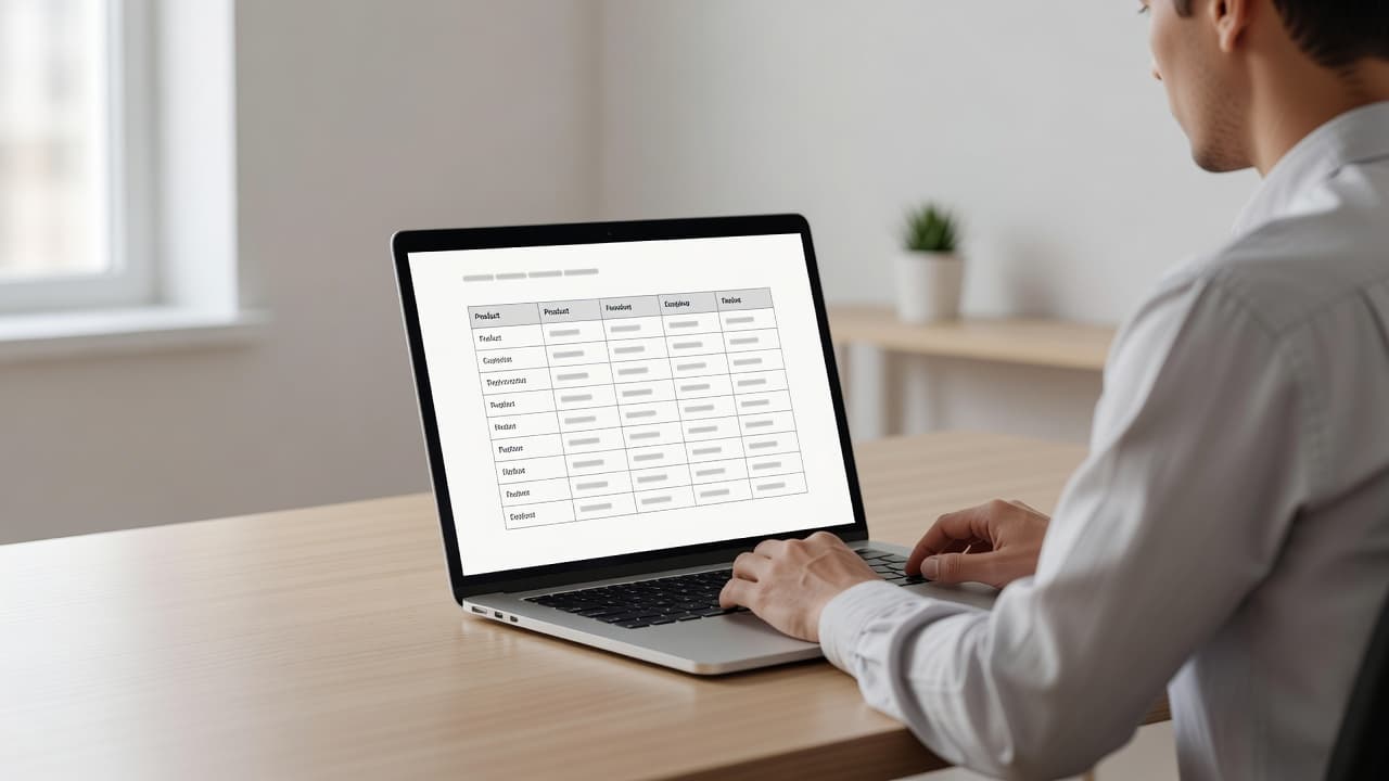 A person types on a sleek silver laptop atop a tidy wooden desk. The screen displays a professional product comparison grid under soft, natural light, creating a focused working environment.