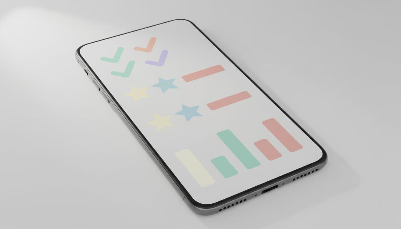 Language App Redundancy: The 15-Minute Lesson Check 3 Minimalistic illustration of a mobile phone screen at an angle showing abstract icons for checklist items like checkmarks, stars, and score bars for app evaluation criteria in soft pastel colors and clean modern style.
