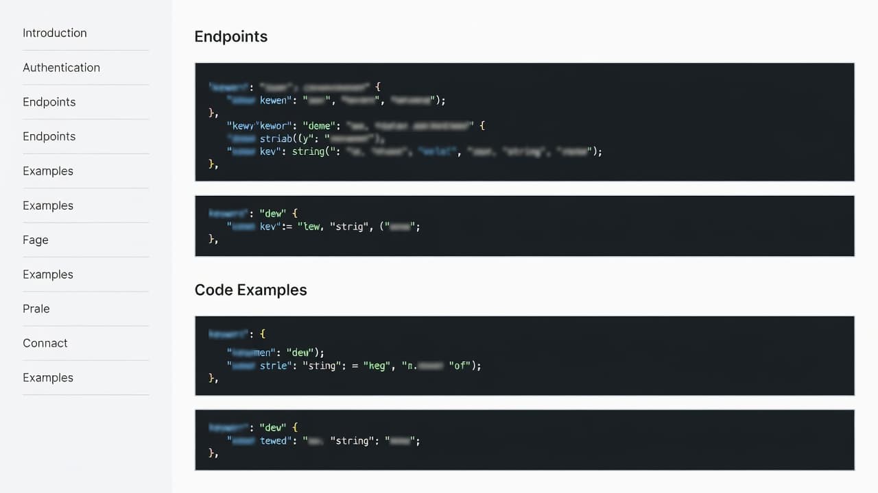 A clean web interface features a dark-themed code editor block placed centrally. A navigation sidebar sits on the left, while clearly defined headers organize the technical documentation content effectively.