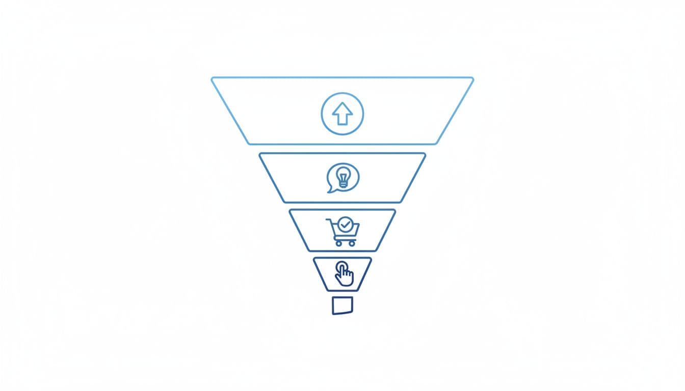 Minimalist illustration of a sales conversion funnel with four widening stages from bottom action icon to top traffic icon, using simple line art icons for awareness, consideration, decision, and purchase in neutral blue tones on a white background, clean vector graphic style with centered composition and no text or labels.